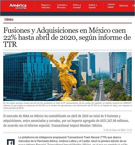 Fusiones y Adquisiciones en Mxico caen 22% hasta abril de 2020, segn informe de TTR
